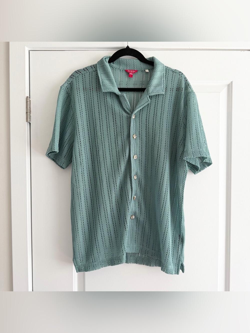 Guess Men’s Teal Blue Crochet Button Down Collared Short Sleeve Shirt